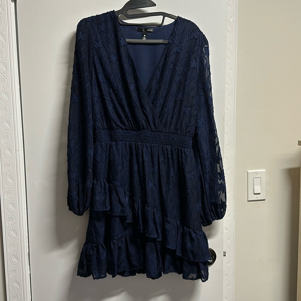 Navy aqua dress knee length sheer sleeves